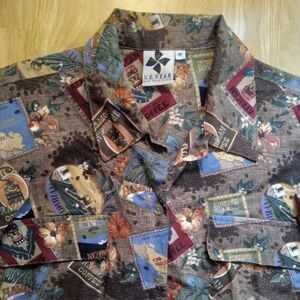 Vintage N.E. Wear Coffee Brands Traders Blue Mountain Hawaiian Shirt